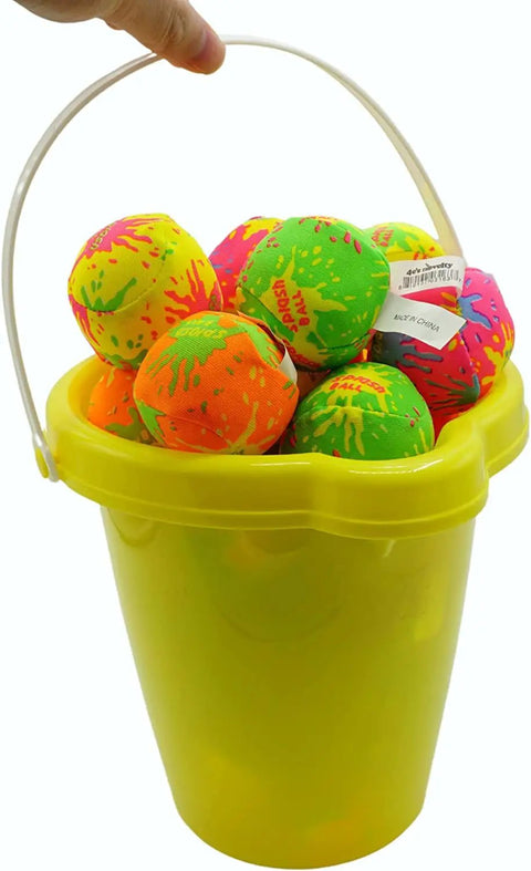 Yellow sand bucket filled with colorful soft balls from the Six Pack Kids Beach Buckets And Shovels Set For Outdoor Summer Fun.