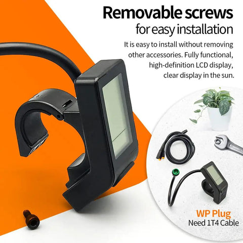 Compact KT LCD4 Display For Electric Bikes with removable screws for installation, visible WP plug, handlebar mount.