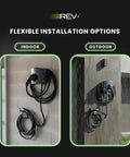 Universal Dual Port Level 2 EV Charging Station With 50 Amp Home Electric Vehicle Setup And Slick 18 Foot Cord installed indoors and outdoors.