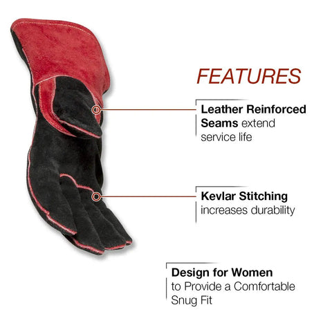 Lincoln Electric Jessi Combs Womens Welding Gloves For MIG Stick FCAW SMAW High Heat Leather With Soft Cotton Liner Black Red Medium