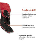 Women’s Welding Gloves For Stick MIG And Flux Core Welds Pro Grade Heat Resistant Leather With Soft Cotton Liner Sized For Small Hands Black And Red Durable Hand Protection with leather reinforced seams and Kevlar stitching for durability.