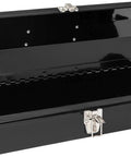Open black metal toolbox with latch, displaying interior space of Must Have 15.5 Inch Plastic Storage Toolbox With Removable Tray And Adjustable Dividers.