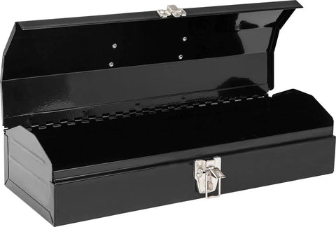 Open black metal toolbox with latch, displaying interior space of Must Have 15.5 Inch Plastic Storage Toolbox With Removable Tray And Adjustable Dividers.