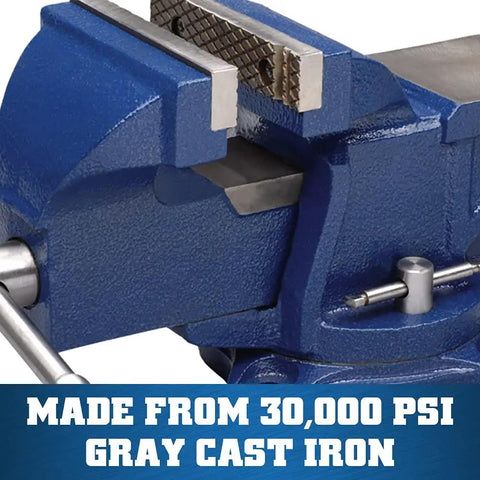 General Purpose Bench Vise With 4 Inch Jaw Width 3 Inch Max Jaw Opening 2 One Quarter Inch Throat 120 Degree Swivel Base Hardened Steel Replaceable Jaws Serrated For Secure Grip Under Max Torque Heavy Duty Cast Iron DIY Tool in blue cast iron