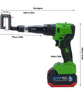 Effortless 21V Cordless Keel Pliers With 360 Rotating Head For Steel Stud Framing And Drywall Includes Heavy Duty Battery For Power Punching And Riveting On Any Gig, shown from side angle with dimensions.