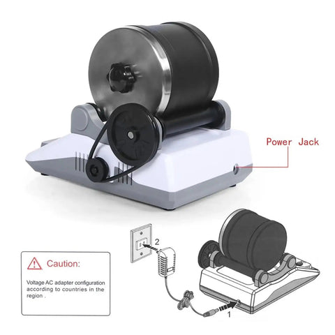 Rock Grinder Kit Rock Polisher For All Ages Electric Rock Tumbler With Polisher shown with power jack and adapter illustration.