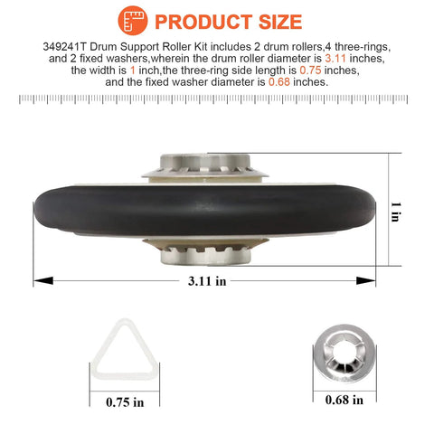 Heavy Duty Dryer Rear Drum Support Roller Kit For 29 Inch Wide Kenmore Whirlpool Estate Roper Dryers Pack Of 2 Beaquicy Includes Drum Rollers Tri Rings And Retaining Washers Easy Install Replacement Parts with dimensions