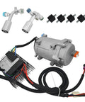 Universal A C Electric Compressor 20Cc Per Stroke 12 Volt auto truck bus air conditioning R134a with hoses and wiring.