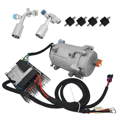 Universal A C Electric Compressor 20Cc Per Stroke 12 Volt auto truck bus air conditioning R134a with hoses and wiring.