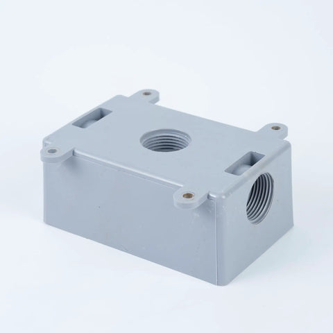 Weatherproof Electrical Junction Box With Adapters DIY Friendly Half Inch Or Three Quarter Inch Gray with pre-drilled holes.