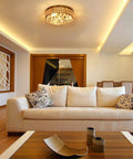 Living room with 4 Light Traditional Crystal Chandelier In Bronze Drum Ceiling Light Fixture With Round Metal Shade And Raindrop Crystals.