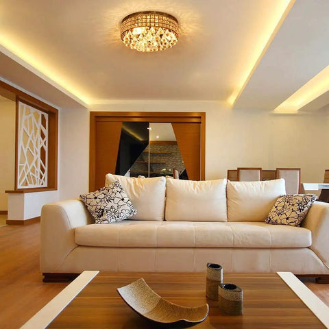 Living room with 4 Light Traditional Crystal Chandelier In Bronze Drum Ceiling Light Fixture With Round Metal Shade And Raindrop Crystals.