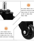 Close-up of Set Of Five Heavy Duty Swivel Caster Wheels For Office Chairs Featuring Bone Quiet Rolling PU Treads with 360-degree rotation.