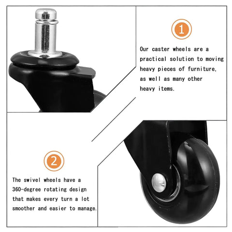 Close-up of Set Of Five Heavy Duty Swivel Caster Wheels For Office Chairs Featuring Bone Quiet Rolling PU Treads with 360-degree rotation.