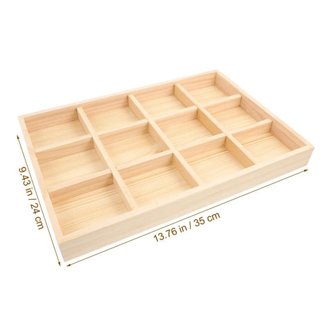 Solid Wood Jewelry Organizer Tray With Twelve Grid Compartments For Rings And Necklaces Vintage Decorative Vanity Holder displaying a light wood finish.