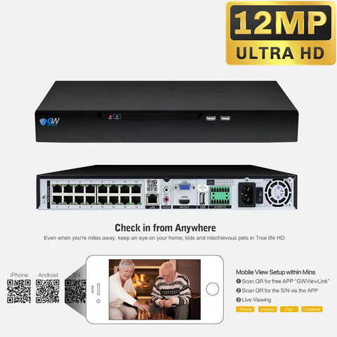 Front and back view of a 12MP Ultra HD NVR security system with multiple ports and mobile viewing setup instructions.