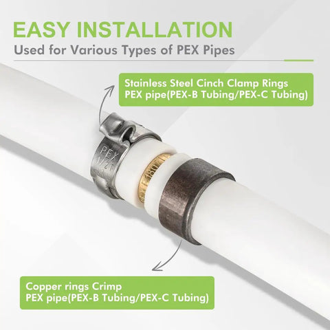 Ten Pack PEX Swivel Adapter Fittings One Half Inch Female NPT Brass Lead Free Full Port Barbed For PEX Plumbing NSF ANSI 61 Certified ASTM F1807 For Home And Commercial Plumbing Pro Grade DIY Friendly installed on 1/2 in PEX pipe with crimp ring