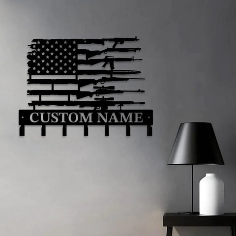 Personalized Black Iron Gun Hook Wall Key Rack And Coat Hanger Heavy Duty Cast Iron Wall Decor with custom name engraving