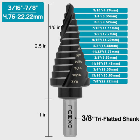 M35 Cobalt Step Drill Bit Set For Metal 3/16 To 7/8 Inch Eight Step Workhorse Heavy Duty Industrial Grade Drill Bits For Stainless Steel Hard Steel Aluminum Wood PVC Long Life showing 12-step sizes and tri-flatted shank