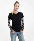 Cyborg Arm Sleeves For Men And Women Cool Stretchy Compression Sleeve for cycling, featuring a woman in a black shirt.
