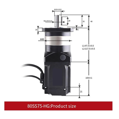 Tough Built 750W AC Servo Motor Wicked Fast ASD275 Driver And 80SS75 Planetary Gearbox 50 To 1 Ratio dimensions and specifications.
