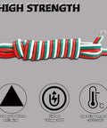 Close-up of red, green, and white 100Ft LED Strip Extension Cable 3 Pin 22AWG Wire for WS2812B WS2811 with durability icons.