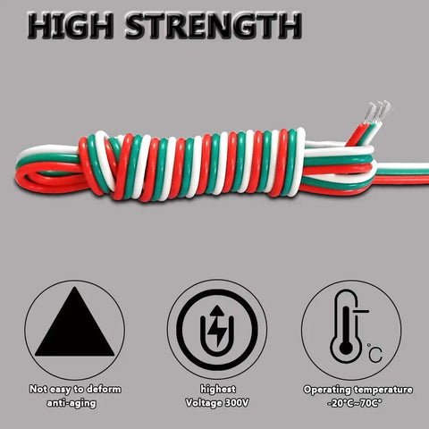 Close-up of red, green, and white 100Ft LED Strip Extension Cable 3 Pin 22AWG Wire for WS2812B WS2811 with durability icons.