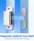 Heavy Duty White Cabinet Magnets 36 Pack That Hold Super Solid With Screws Included To Keep Doors Closed Tight For Kitchens Closets And Wardrobes So No More Slamming Or Loose Lids Ever Again, showcasing a magnet holding a cabinet door firmly.