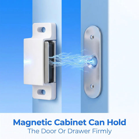 Heavy Duty White Cabinet Magnets 36 Pack That Hold Super Solid With Screws Included To Keep Doors Closed Tight For Kitchens Closets And Wardrobes So No More Slamming Or Loose Lids Ever Again, showcasing a magnet holding a cabinet door firmly.