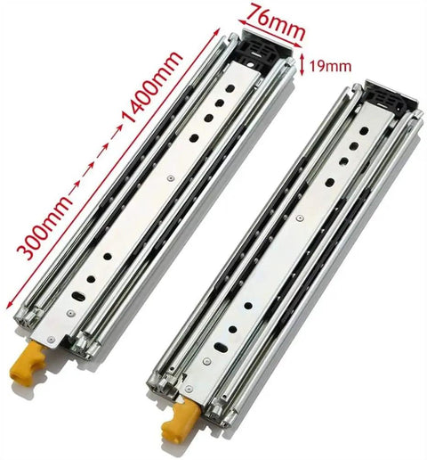 Heavy Hauler Extension Drawer Slides With Glides Like Butter Rail Track And Security Lock Quiet Ball Bearing Mechanism For Kitchen Cabinets, showing 300mm and 1400mm sizes.