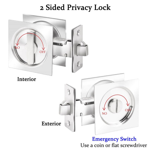 Privacy Pocket Door Lock With Pull In Stainless Steel 304 - Heavy Duty Pocket Door Knob With Flush Handles, shown interior and exterior sides