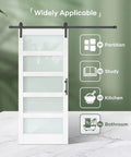 36x84 White Frosted Glass Barn Door With Sliding Hardware Kit Included shown in various home settings.