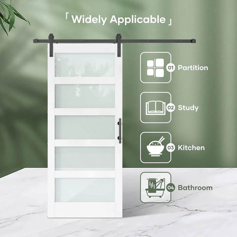 36x84 White Frosted Glass Barn Door With Sliding Hardware Kit Included shown in various home settings.