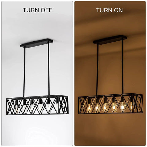 Farmhouse Style 6 Light Black Metal Industrial Pendant Lighting For Dining Room And Kitchen Island shown turned off and on