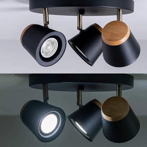 Three Light Directional Spotlight Track Lighting Kit In Matte Black And Natural Wood Finish Semi Flush Mount Adjustable Heads