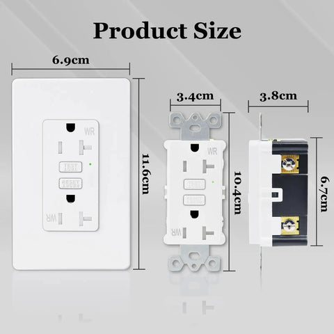 Top Shelf Low Profile Gfci Outlet Fifty Pack With Glowing Status Lights, detailed sizing images showcasing dimensions.