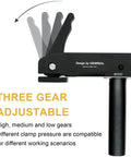 Two Pack Three Quarter Inch Aluminum Alloy Bench Dog Clamps For Woodworking With No Sweat One Hand Quick Release Lever and Rock Solid Hold Down Grip For Hassle Free Benchtop Workholding adjustable clamp lever with three gear settings.