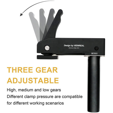 Two Pack Three Quarter Inch Aluminum Alloy Bench Dog Clamps For Woodworking With No Sweat One Hand Quick Release Lever and Rock Solid Hold Down Grip For Hassle Free Benchtop Workholding adjustable clamp lever with three gear settings.