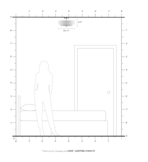 Diagram showcasing the Brushed Nickel Flush Mount Ceiling Light With Off White Fabric Hardback Shade, size comparison in room.