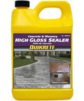 Kickass High Gloss Concrete And Masonry Sealer Offering A Bold Wet Look Finish Rock Solid Protection From Oil Grease And Harsh Chemicals No Hassle Brush On Formula Pack Of Five Gallons in yellow container.