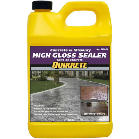 Kickass High Gloss Concrete And Masonry Sealer Offering A Bold Wet Look Finish Rock Solid Protection From Oil Grease And Harsh Chemicals No Hassle Brush On Formula Pack Of Five Gallons in yellow container.