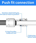 Close-up of push fit connection showing stainless steel teeth, O-ring, and collet on a Quarter Inch Tool Free Quick Connect Water Line Fittings Kit