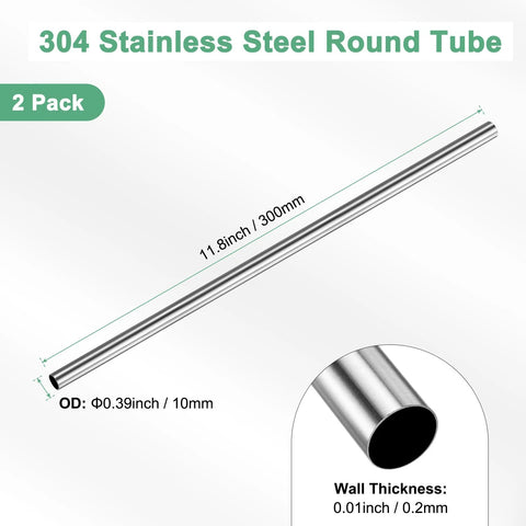 Two-pack 304 stainless steel round tubes, 300mm length, 10mm OD, 0.2mm wall, seamless.