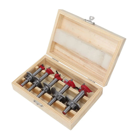 Five Piece Forstner Drill Bit Set Featuring Adjustable Depth Range Premium Woodworking Hole Saws And Sharp Wood Cutters in a wooden box.