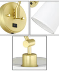 Close-up details of Brass Wall Lamps Set Of 2 With White Fabric Shade, Vintage Modern Sconce Lighting, Hardwired Wall Mount, On Off Switch