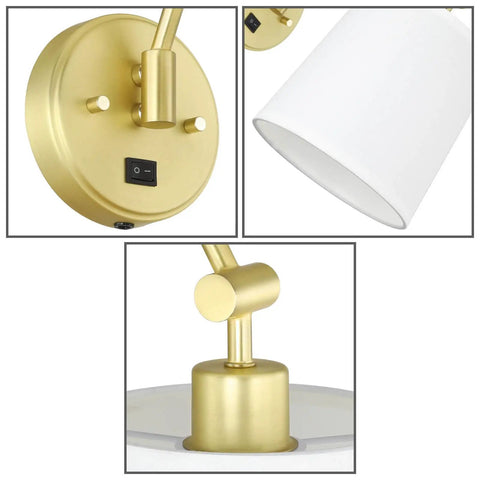 Close-up details of Brass Wall Lamps Set Of 2 With White Fabric Shade, Vintage Modern Sconce Lighting, Hardwired Wall Mount, On Off Switch