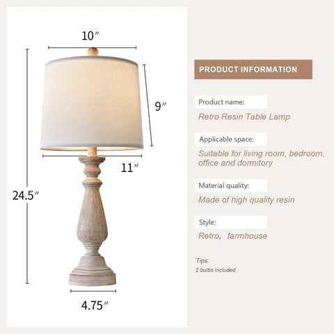 Mid Century 24.5 Inch Table Lamp Set of 2 for Living Room and Bedroom Rustic Beige Resin Bases With Linen Shade End Table Nightstand