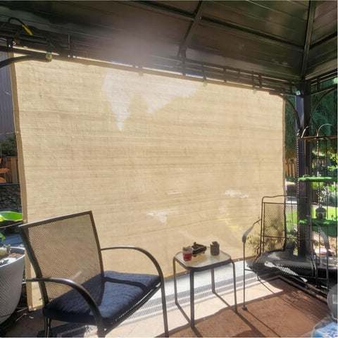 Patio view with 90 Percent UV Blocking Sun Shade Cloth 6x15 Ft With D Ring Breathable UV Resistant Shade in beige.