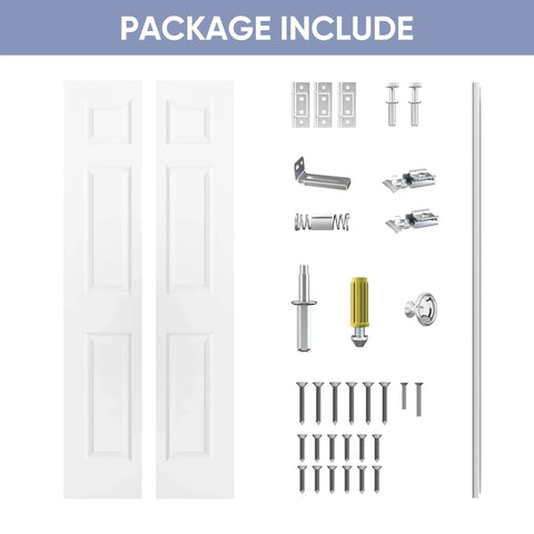 Package contents of 24 In By 80 In Bi Fold Door With 6 Panel Primed Hollow Core Interior Doors And Hardware Kit For Easy Install In Laundry And Pantry Or Bedroom Sturdy Yet Lightweight Hardboard Construction For Modern Home