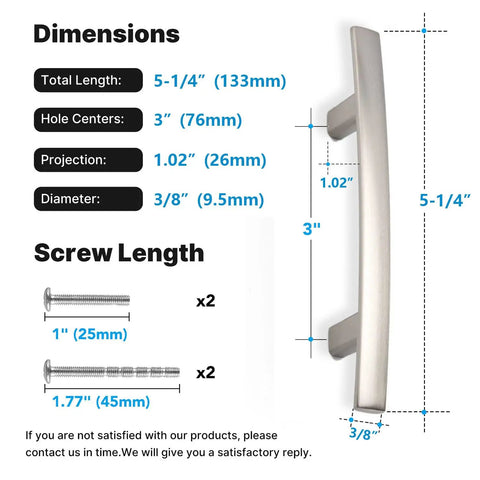 Dimensions and screws for 30 Pack Zinc Alloy Cabinet Handles With 3 Inch Center To Center Brushed Nickel Arch Drawer Pulls